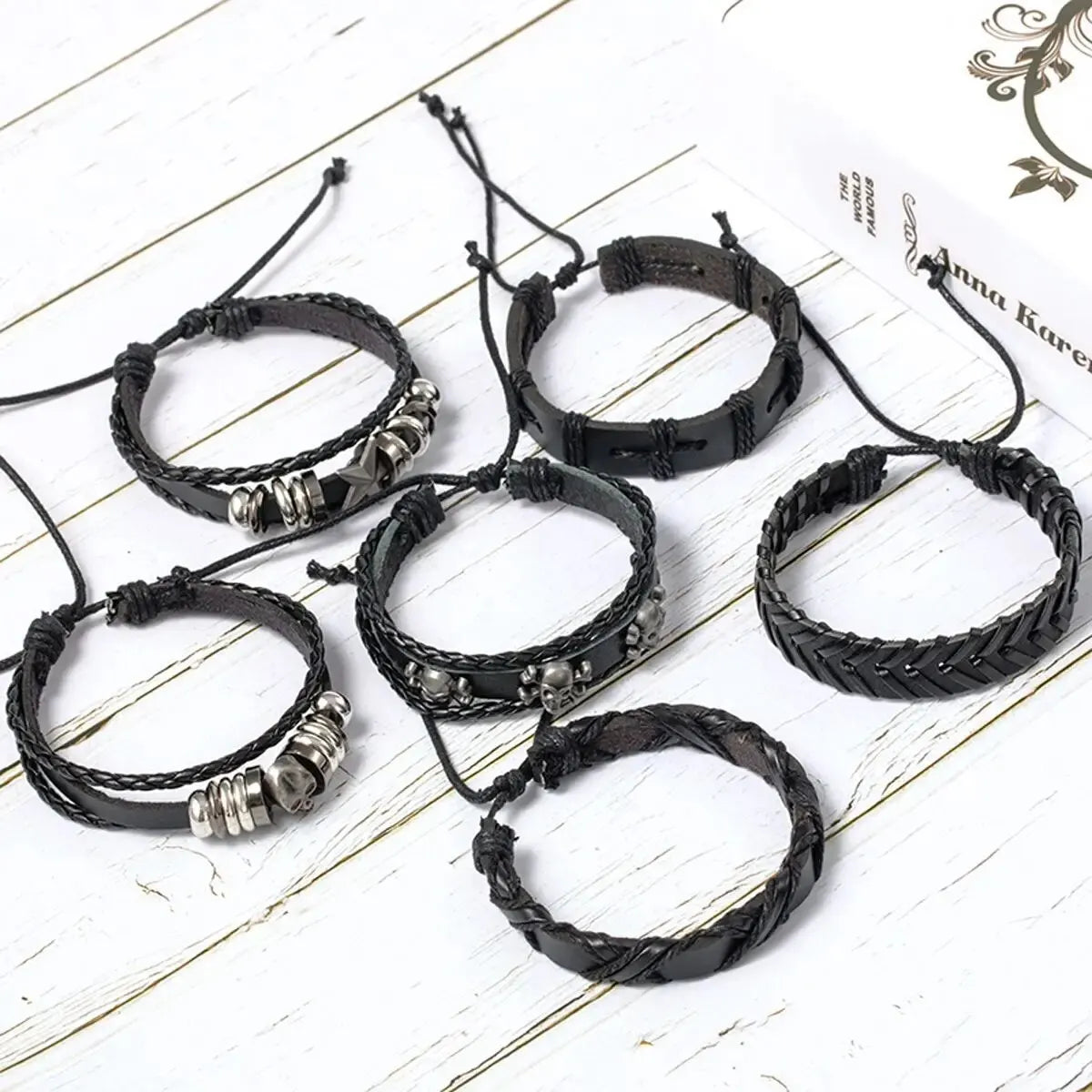 6 Stück/Set schwarzes Punk-Armband mit Totenkopf- und Sternform aus Legierung und Pu-Leder So ist Leben
