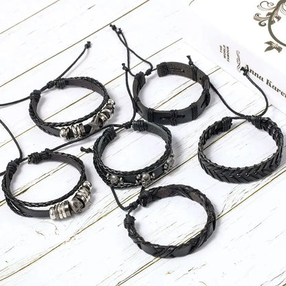 6 Stück/Set schwarzes Punk-Armband mit Totenkopf- und Sternform aus Legierung und Pu-Leder So ist Leben