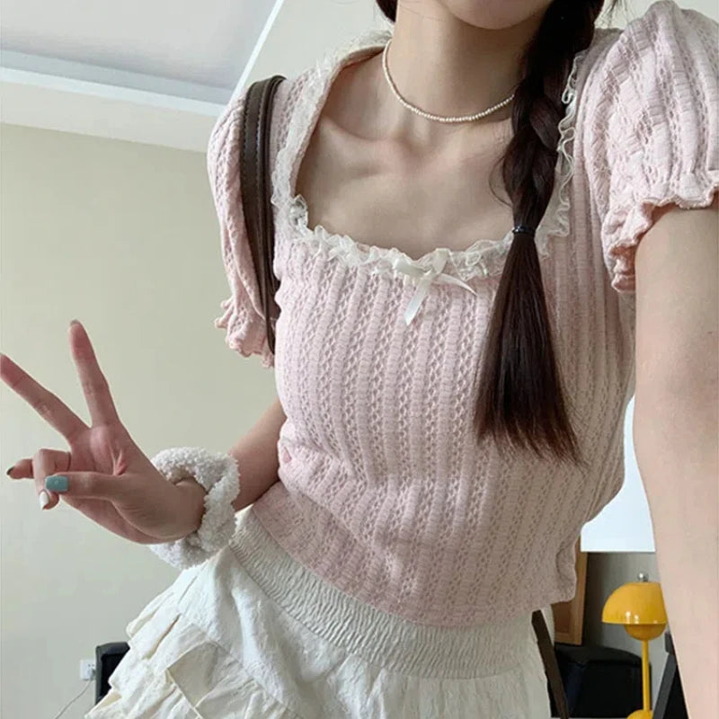 Adrette Art Sommer quadratischen Kragen Alters reduzierung Spitze Kurzarm Damen T-Shirt süße schlanke gestrickte bequeme dünne schicke Tops So ist Leben