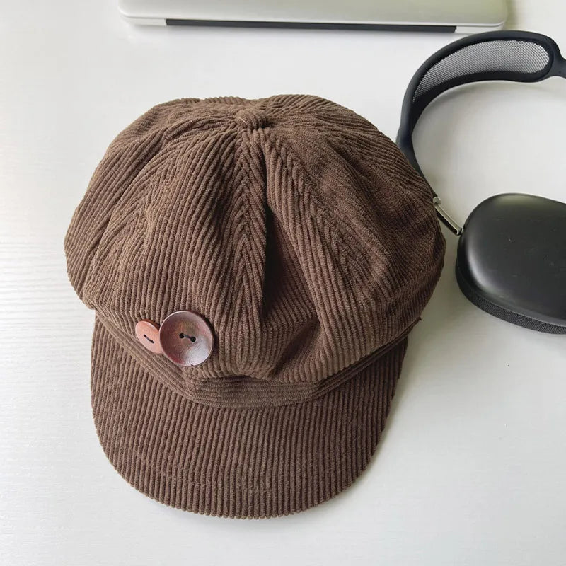 RICYGVM Retro Knopf Cord Achteckige Kappe Für Frauen Maler Künstler Hut Japanische Mädchen Braun Schirmmützen Herbst Winter Berets So ist Leben