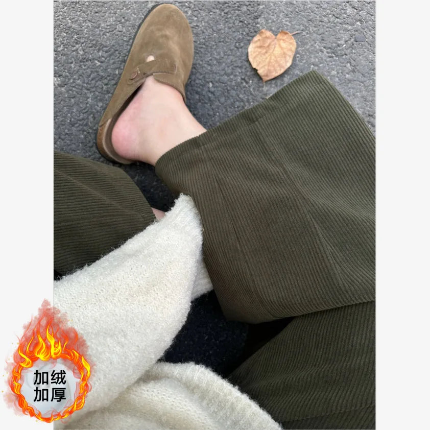 Hohe Taille Cord Hosen frauen Verdickt Fleece Herbst Winter Neue Stil Casual Lose Gerade Bein Abnehmen Breite Bein Hosen So ist Leben