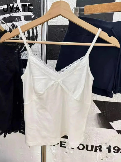 Süße Spitze Patchwork Schlank Tank Tops Frauen Sommer Weiß Sexy Einfache Baumwolle Weiche Ärmellose Westen Weibliche Vintage Chic Y2K Leibchen So ist Leben