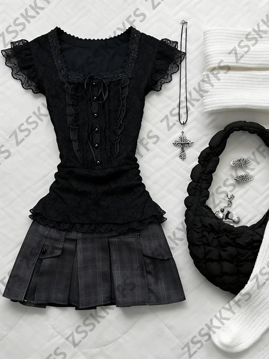 Damen Sexy Spitzen-Vintage-T-Shirts in Schwarz, Sommermode, K-Pop-Party, Elegante Kleidung, T-Shirts im 2000er-Jahre-Stil, Kawaii Y2K Schleife Grunge Goth Oberteile So ist Leben