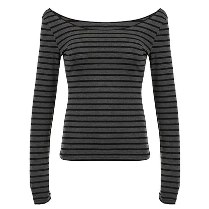 Frühling Herbst Damen Neue japanische Grundmodelle Schlankes langärmeliges gestreiftes T-Shirt Trägerloses koreanisches Street Style y2k dünne Tops So ist Leben
