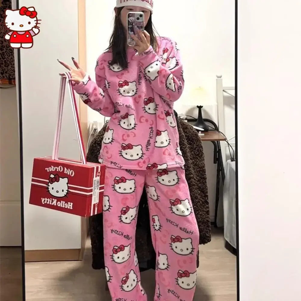 Anime Hello Kitty Plüsch-Pyjama-Anzug für Damen, Cartoon-Flanell, langärmelig, Homewear, Winter, Mädchen, warme Tops, Pannts, zweiteiliges Set - So ist Leben