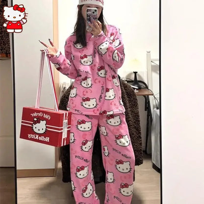 Anime Hello Kitty Plüsch-Pyjama-Anzug für Damen, Cartoon-Flanell, langärmelig, Homewear, Winter, Mädchen, warme Tops, Pannts, zweiteiliges Set - So ist Leben