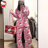 Anime Hello Kitty Plüsch-Pyjama-Anzug für Damen, Cartoon-Flanell, langärmelig, Homewear, Winter, Mädchen, warme Tops, Pannts, zweiteiliges Set - So ist Leben