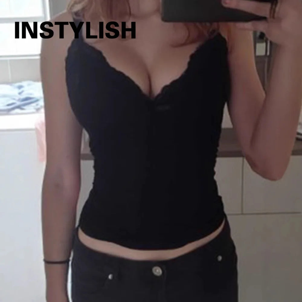 Damen Y2K Spitzen-V-Ausschnitt Spaghetti-Träger Camisole Top Slim Fit Schleife Ärmelloses Tanktop Sommer Sexy Streetwear Lässige Ausgehweste So ist Leben