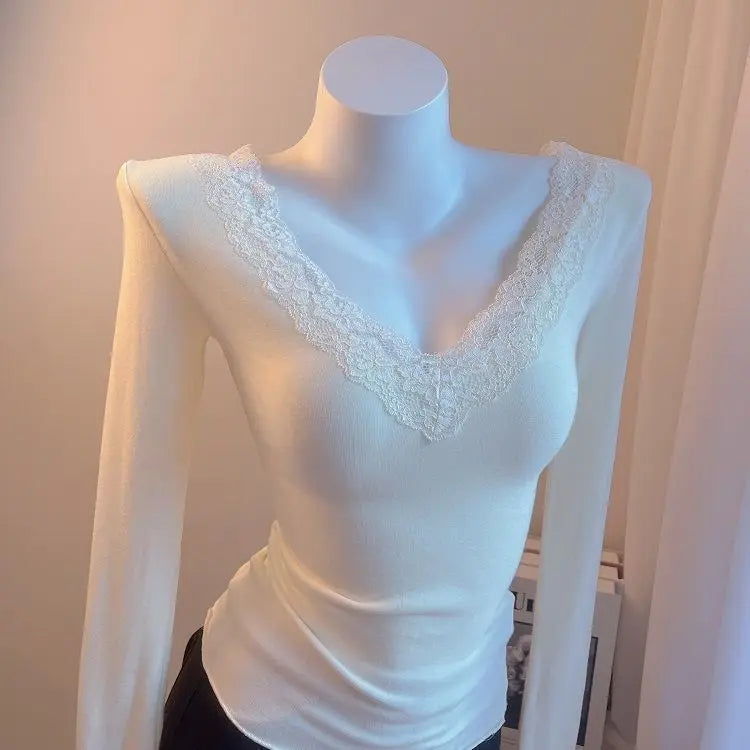 Weiße Spitze T-Shirts Frauen Basic gespleißt zarte sexy Damen Französisch Stil ästhetische Langarm schlanke sanfte Winter Innen oberteile - So ist Leben