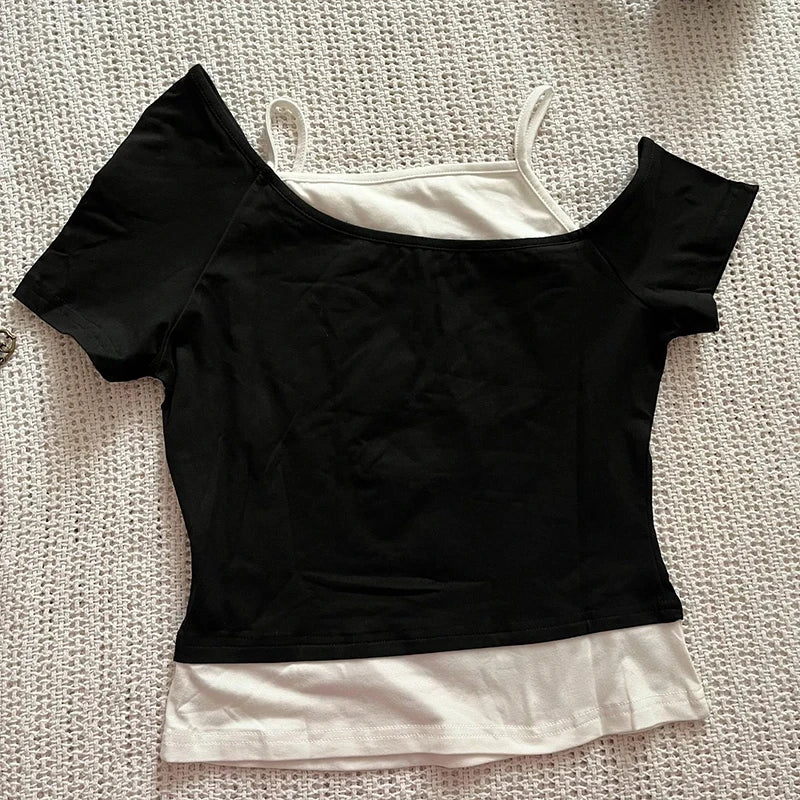 Asthetische Goth Fledermaus Brief Y2K Stil zweitelige T-Shirt Kurzarm Weste Harajuku Streetwear Hosenträger Frauen Kleidung Shirt So ist Leben