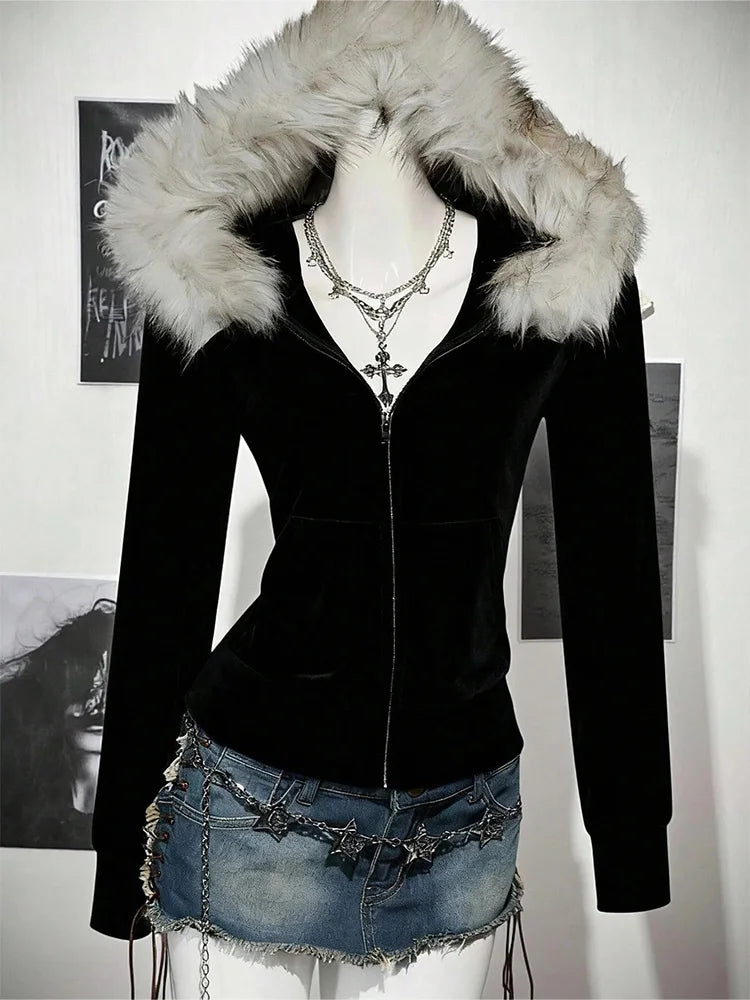 Y2K Harajuku Gothic frauen Hoodie Sexy Schlank Chic Wildleder Pelz Kragen Brief Drucken Strickjacke Sweatshirt Weibliche Streetwear So ist Leben