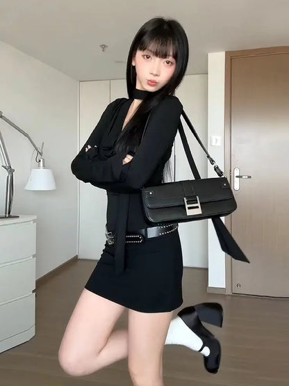 Hot Girl Schwarzes Langarmkleid für Damen, Royal Sister, hüftbedeckender kurzer Rock So ist Leben