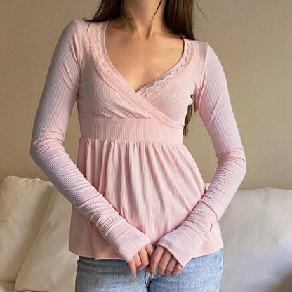 Frauen Fee Y2k Cottage T-shirt Kokette V-ausschnitt Langarm Babydoll Tees Herbst Frühling Casual Pullover Tops Vintage Kleidung So ist Leben