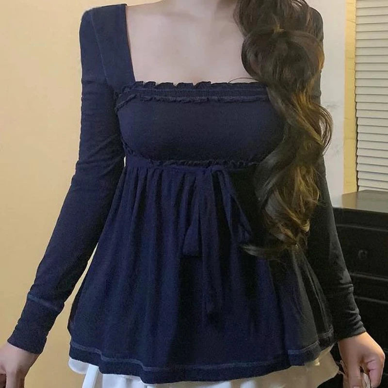 Cottage Fairy Y2k Front Tie-up Milkmaid Tops Damen Babydoll T-Shirt 90er Jahre Vintage Square Collar Langarm Schößchen Bluse T-Shirts So ist Leben