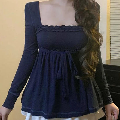 Cottage Fairy Y2k Front Tie-up Milkmaid Tops Damen Babydoll T-Shirt 90er Jahre Vintage Square Collar Langarm Schößchen Bluse T-Shirts So ist Leben