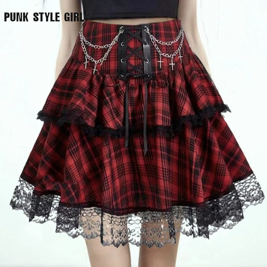 Plaid Print Subkulturen Punk Rock Y2k Mini Rock Hohe Taille Rüschen Kuchen Spitze Up Harajuku Gothic 2000er Jahre Ballkleid röcke für Frauen So ist Leben