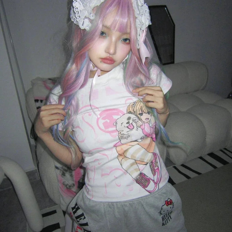 Y2K T‑Shirt mit Cartoonprint im japanischen Stil - So ist Leben