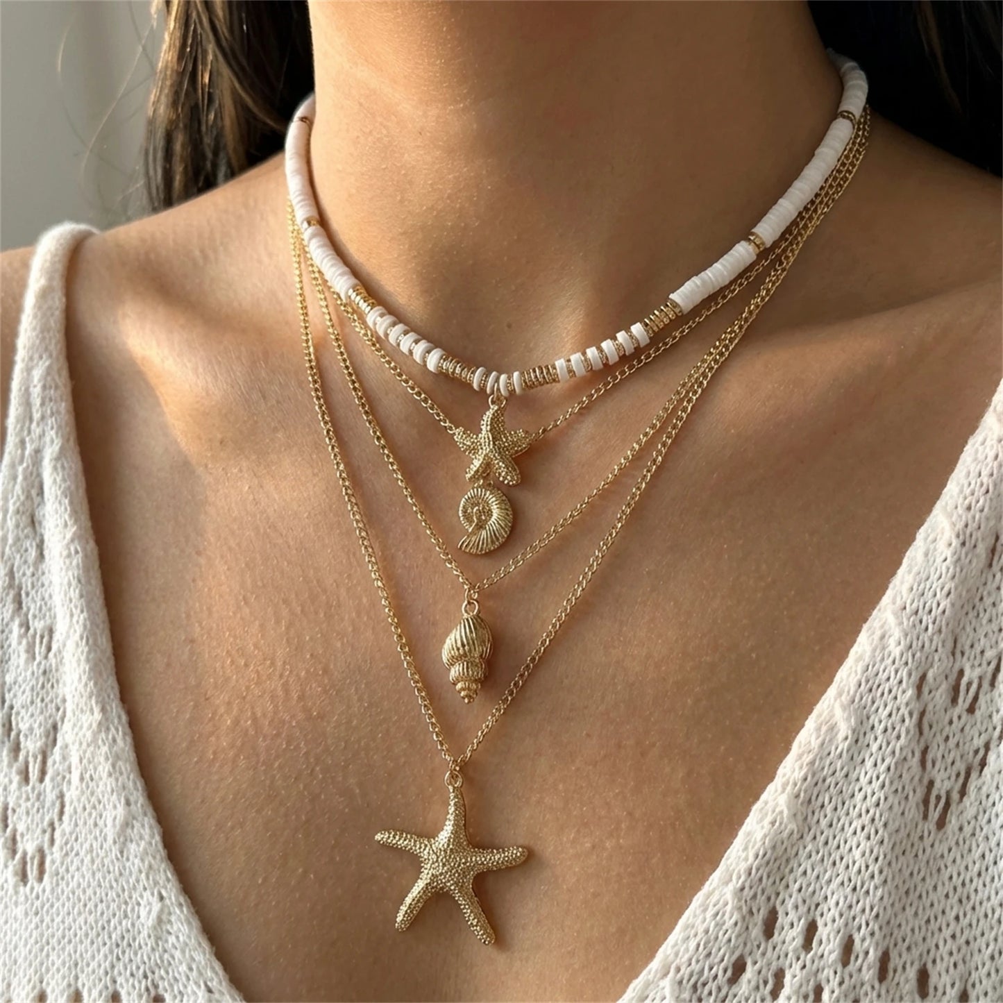 Boho Mehrschichtige Muschel-Seestern-Anhänger-Halskette für Frauen Handgefertigte Perlen-Imitationsperlen-Choker Strandparty-Schmuck Geschenk So ist Leben