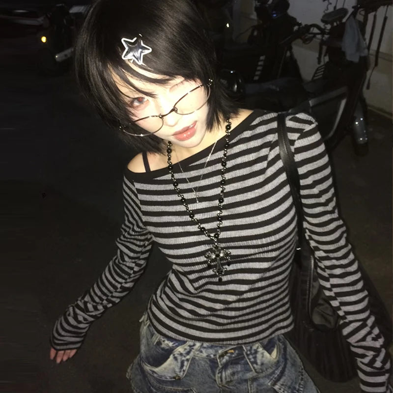 Genayooa Japanisches Y2k-T-Shirt für Damen, langärmelig, schulterfrei, gestreift, Crop-Tops, Y2k-Grunge, 2000er-Jahre, ästhetische Streetwear-T-Shirts So ist Leben