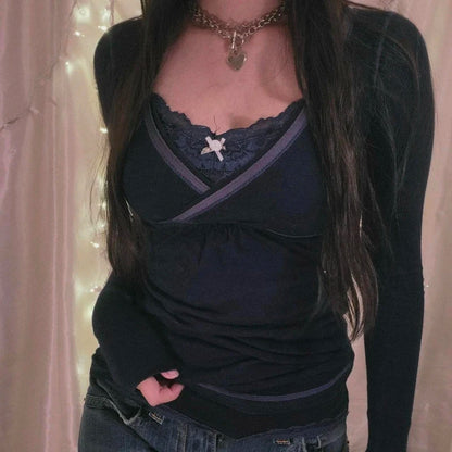 00er Jahre Retro Cottage Grunge T-Shirt Herbst gerippt gestrickt Langarm Slim Fit T-Shirts Y2K Fee 90er Jahre Vintage V-Ausschnitt Crop Tops Damen So ist Leben