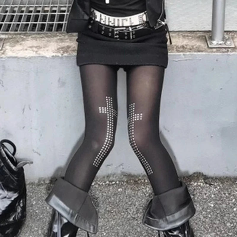 Gothic Vintage Strass Kreuz Strumpfhosen Hosen Spicy Girls Schwarz Ästhetik Hip-Hop Straße Casual Frauen Y2K Cosplay Strumpfhosen So ist Leben