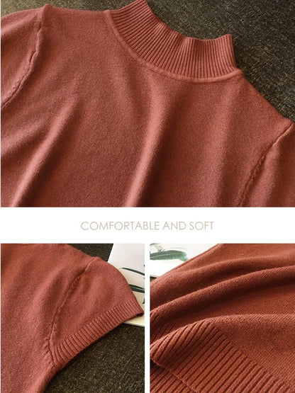 2025, mode Frau Pullover Kurzarm Herbst Tops Frauen Rollkragen Gestrickte Pullover Koreanischen Stil Elegante Feste Dünne Tops So ist Leben