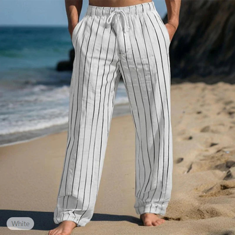 Tägliche Freizeit Herren Lose Gerade Hosen Vintage Kordelzug Gestreiften Leinen Hosen Männer Sommer Outdoor Casual Atmungsaktive Hose So ist Leben