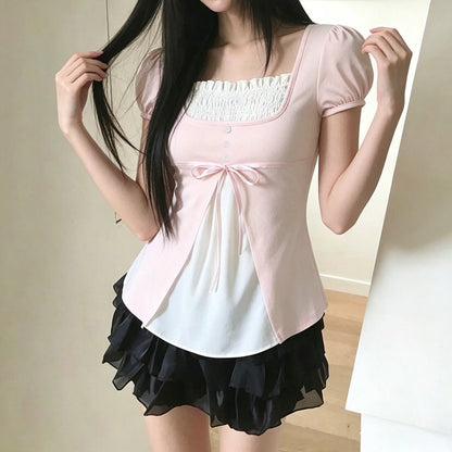 [RUOKE] Lässiges Y2K-Top in Kontrastfarbe für Damen, Frühling, Sommer, quadratischer Ausschnitt, Puffärmel, Schleife, schmale A-Linie, Babydoll-Bluse, süße Coquette So ist Leben