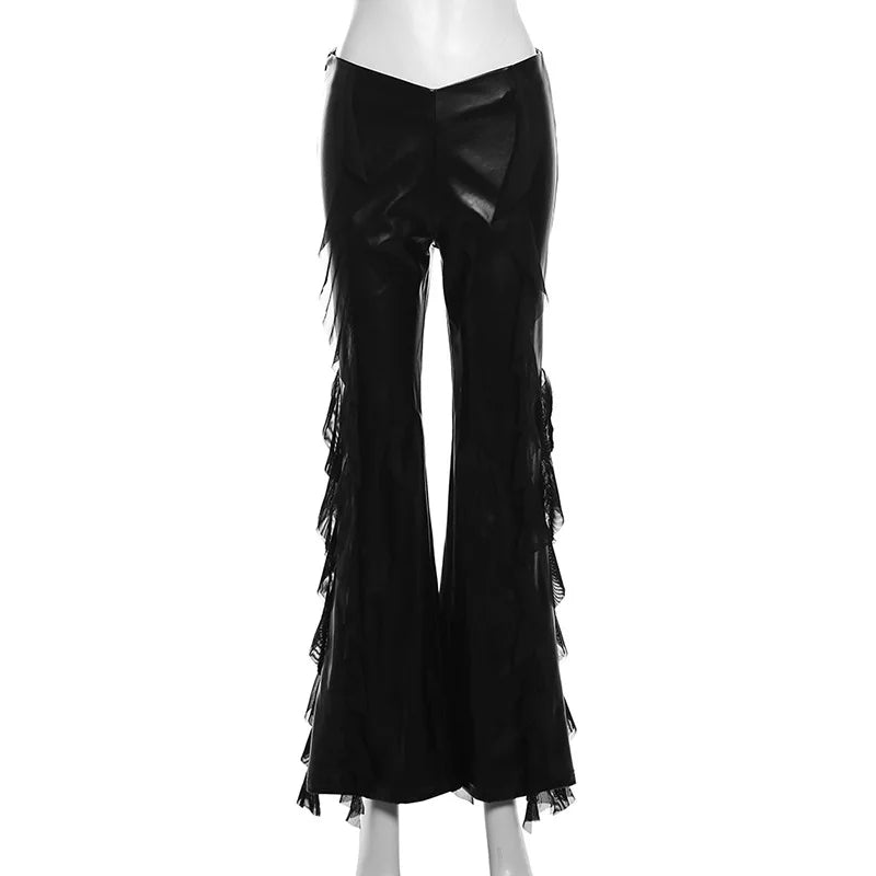 Goth Dark Streetwear Faux Pu Patchwork Mesh Hose mit hoher Taille Mall Gothic Zip Frauen Casual Flare Hosen Punk-Stil Alt Bottoms So ist Leben
