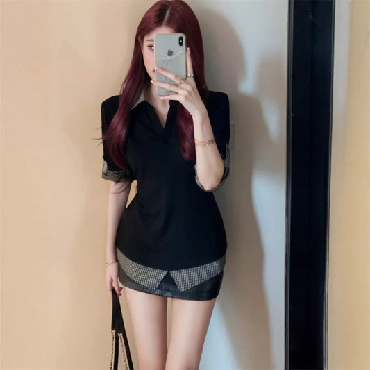 Slim Fit Polokragen Kurzarm-Shirt Damen Sommer Schlankmachendes Top Spicy Girl Karomuster Zweiteiler Set Polyesterfaser So ist Leben