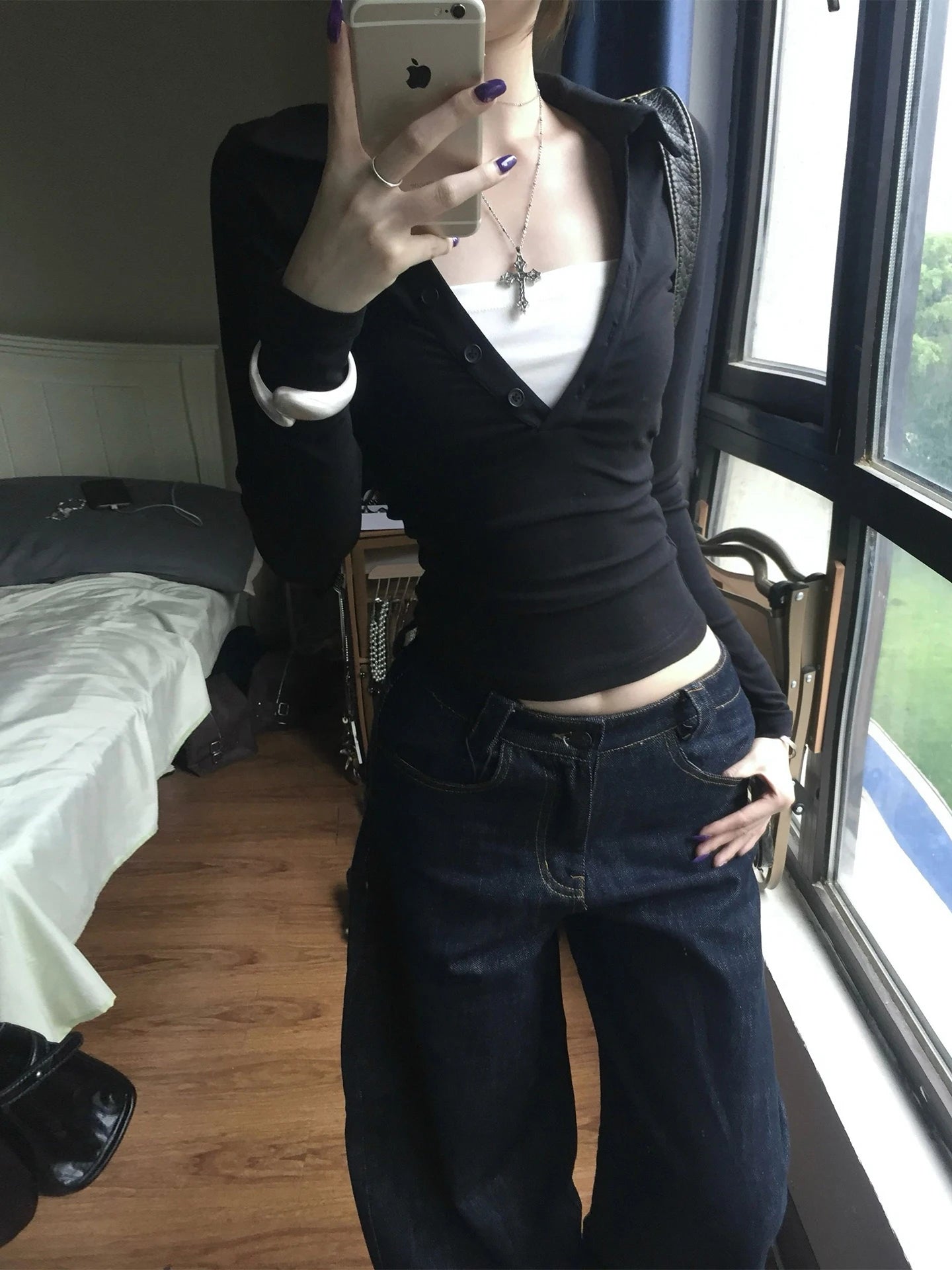 Genayooa American Retro Fake Two Pieces Tops Langarm Skinny Y2k Japanisches T-Shirt Damen Herbst 2000er Grunge Tops T-Shirt E-Girls So ist Leben