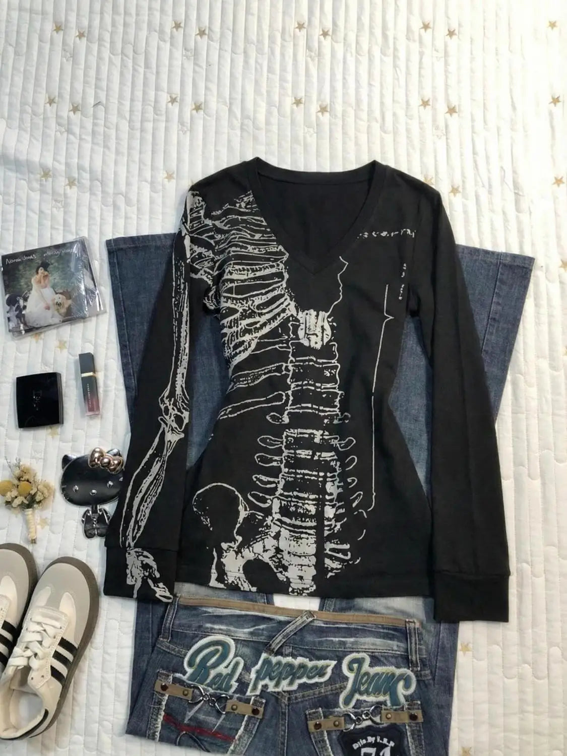 Vintage Totenkopf-Print T-Shirt Y2k 90er Jahre Langarm Goth Punk Ästhetik Harajuku Damenkleidung V-Ausschnitt Slim Hot Girl Grunge Emo Tees So ist Leben