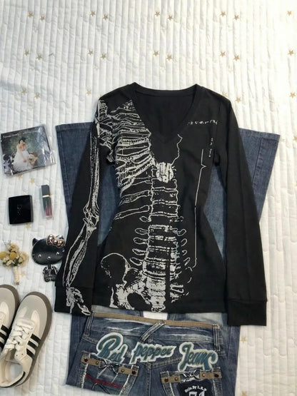 Vintage Totenkopf-Print T-Shirt Y2k 90er Jahre Langarm Goth Punk Ästhetik Harajuku Damenkleidung V-Ausschnitt Slim Hot Girl Grunge Emo Tees So ist Leben