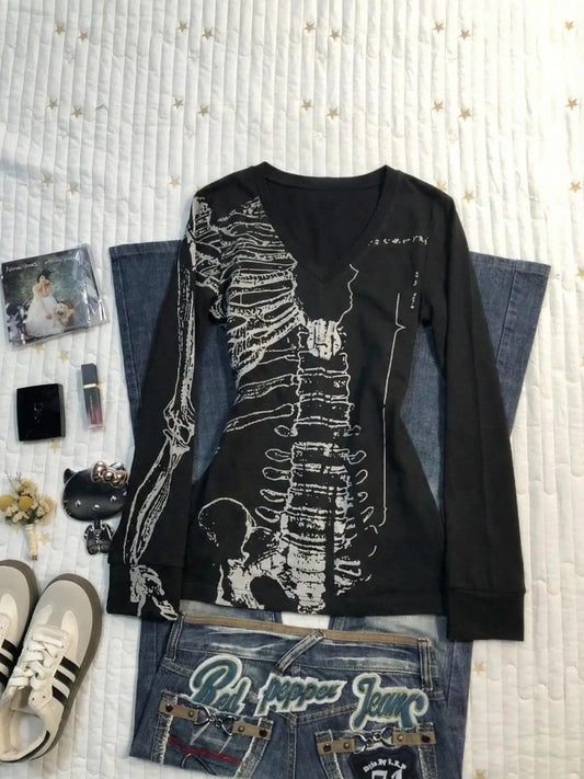 Vintage Totenkopf-Print T-Shirt Y2k 90er Jahre Langarm Goth Punk Ästhetik Harajuku Damenkleidung V-Ausschnitt Slim Hot Girl Grunge Emo Tees So ist Leben