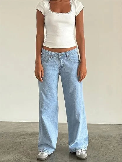 Retro Amerikanische Low-Waist Jeans ohne Stretch, Gerades Bein, Damen-Herbstmode, Weites Bein, Frischer Süßer Stil, Baumwolle So ist Leben