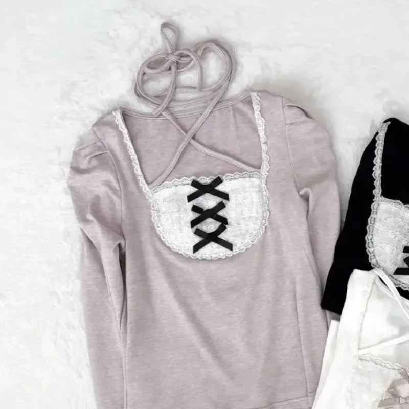 Herbst Französisch Elegante Sexy Coquette Tops frauen Y2k Elegante Streetwear T Shirt Bogen Spitze Patchwork Schlank Süße Tees So ist Leben