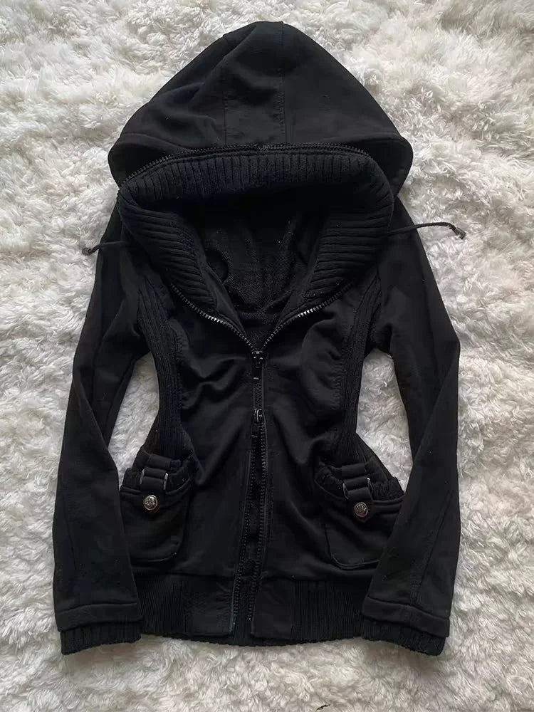 Y2k Amerikanische Schwarze Gothic Retro Knopfjacke mit Hohem Kragen, Schlanke Damenjacke für Frühling und Herbst, Dünne Hot-Girl-Jacke mit Manschetten, Lässige Motorradjacke So ist Leben