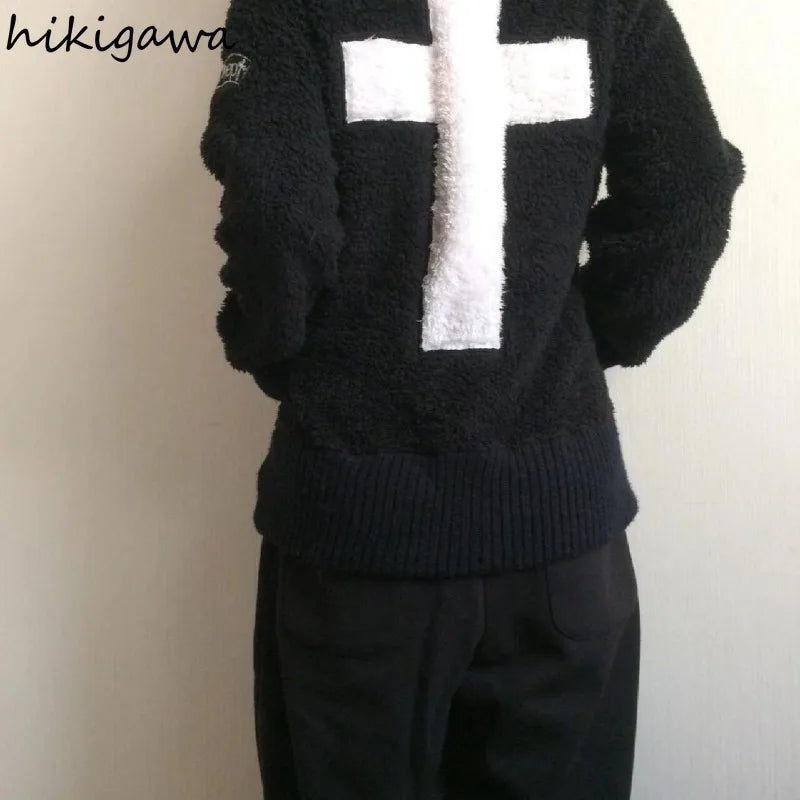 Harajuku Übergroße Jacken frauen Kleidung Y2k Tops Streetwear BF Lamm Wolle Mit Kapuze Jacke Warme Schädel Zipper Casual Chic Mäntel So ist Leben