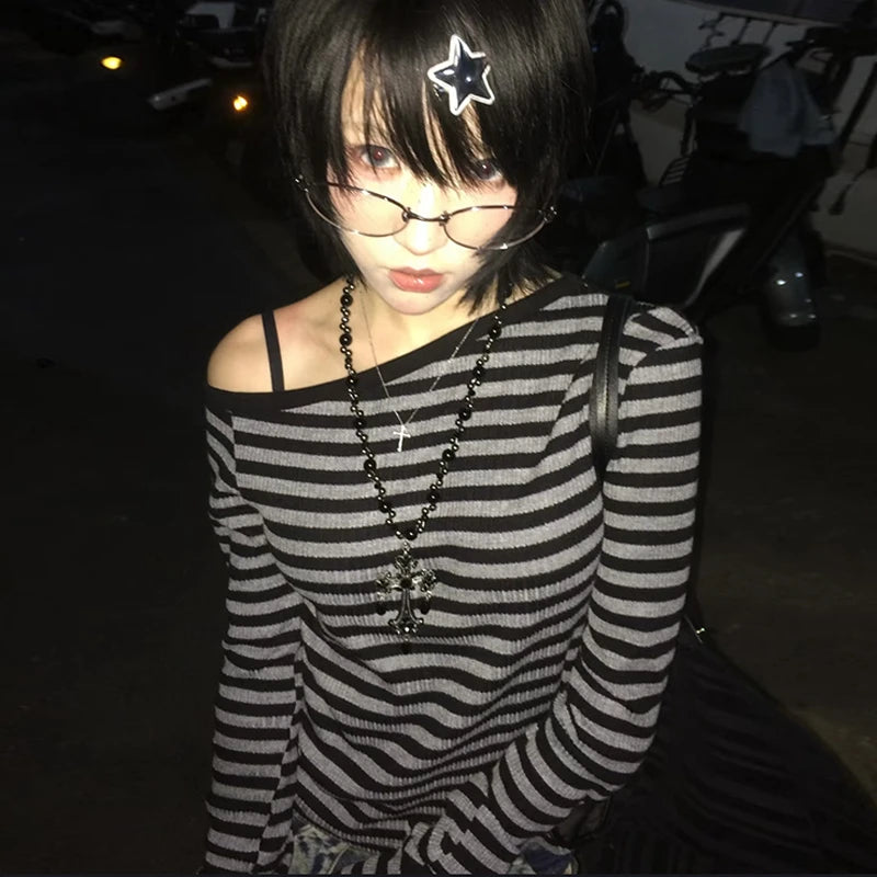 Genayooa Japanisches Y2k-T-Shirt für Damen, langärmelig, schulterfrei, gestreift, Crop-Tops, Y2k-Grunge, 2000er-Jahre, ästhetische Streetwear-T-Shirts So ist Leben