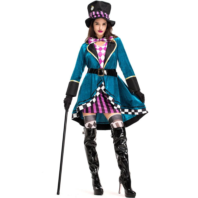 Alice im Wunderland Clown Verrückter Hutmacher Kostüm für Erwachsene Frauen Fantasie Sexy Zauberer Cosplay Halloween Karneval Magisches Kleid So ist Leben
