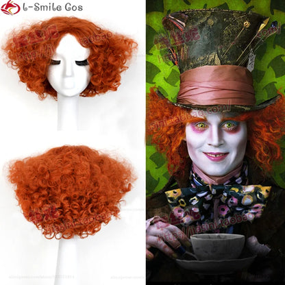 Mad Hatter Cosplay Perücken Kurze Orange Rot Lockige Perücke Hitzebeständige Synthetische Haar Karneval Party Cosplay Perücken + Perückenkappe So ist Leben