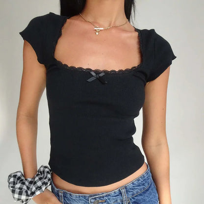 Y2k Vintage Baby T-Shirt Cottage Spitzenbesatz Gestricktes T-Shirt Sommer Square Neck Kurzarm T-Shirt Damen Weiß Milkmaid Crop Top So ist Leben