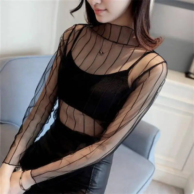 Frauen Spitze Floral T-shirt Transparent Mesh Damen Tops Sheer Blusen Herbst Durchsichtige Rollkragen Schwarz Langarm T-shirt - So ist Leben