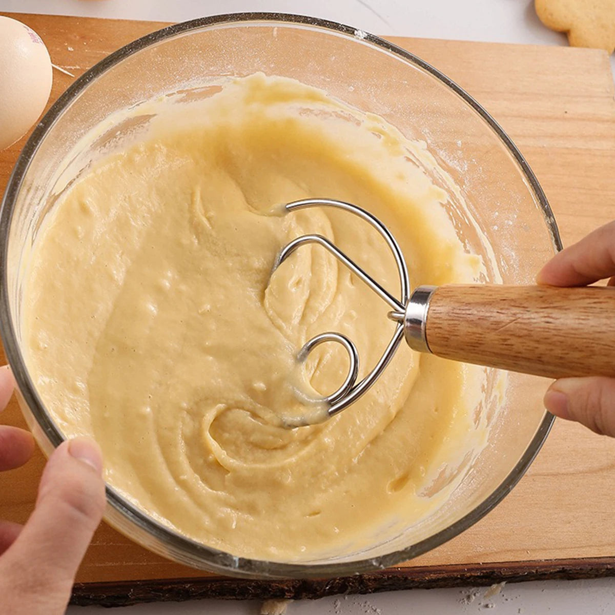 1PC Eichengriff Mehlmixer Dänischer Teigmixer Edelstahlspule Schneebesen Werkzeug