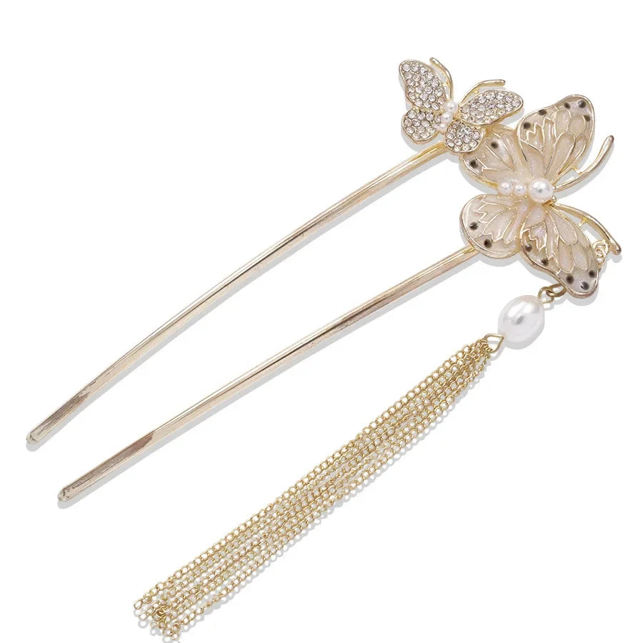 U-förmige Haarnadel aus Metall, Perlen-Schmetterlings-Haar-Accessoire, neuer chinesischer Stil, antikes Gefühl, hochwertige florale Step-Rock-Haarnadel So ist Leben