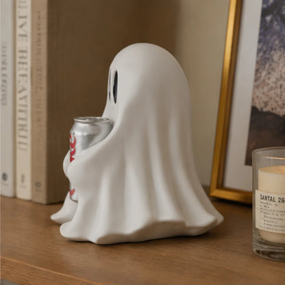 Lustige Geisterfigur mit Getränkedose aus Kunstharz, Halloween-Schreibtischdekoration, Niedliche Gruselige Raumverzierung, Geschenk für Heim- und Bürodekoration So ist Leben
