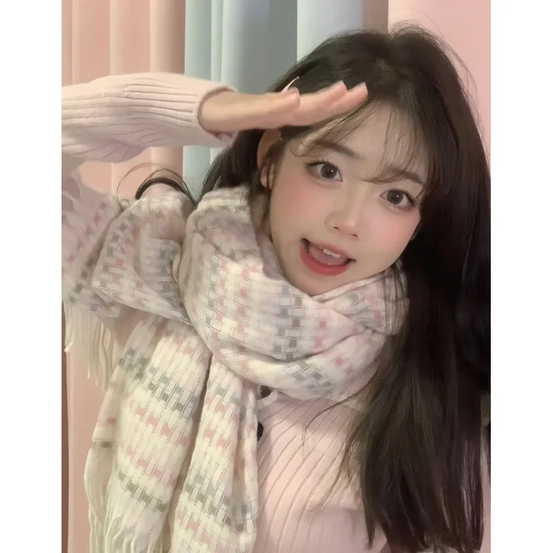 Retro koreanischen Stil Damen Schal Winter warm Quastenbesatz Nachahmung Kaschmir Schal Wrap Polyester frisch süß cremiger Stil So ist Leben