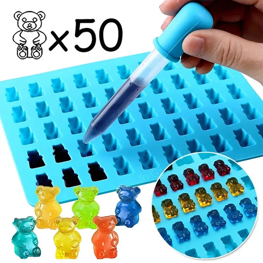50 Gitter Gummibärchen Silikon form niedlichen Bären gelee Formen Süßigkeiten Schokolade Fondant Tabletts mit Tropfer DIY Back dekoration Werkzeuge