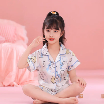 Anime 2Pcs Hallo Kitty Kuromi Kinder Pyjama Sets Sanrios Cartoon Mädchen Eis Seide Revers Kurzarm T-Shirt Tops Hosen pijamas Set