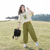 2026 Sommer Kinder-Set Mädchen Trainingsanzug Buchstaben-T-Shirt + Grüne Sport-Hose mit Knöchelbündchen für Kinder und Teenager 5 6 7 8 9 10 11 12 Jahre So ist Leben